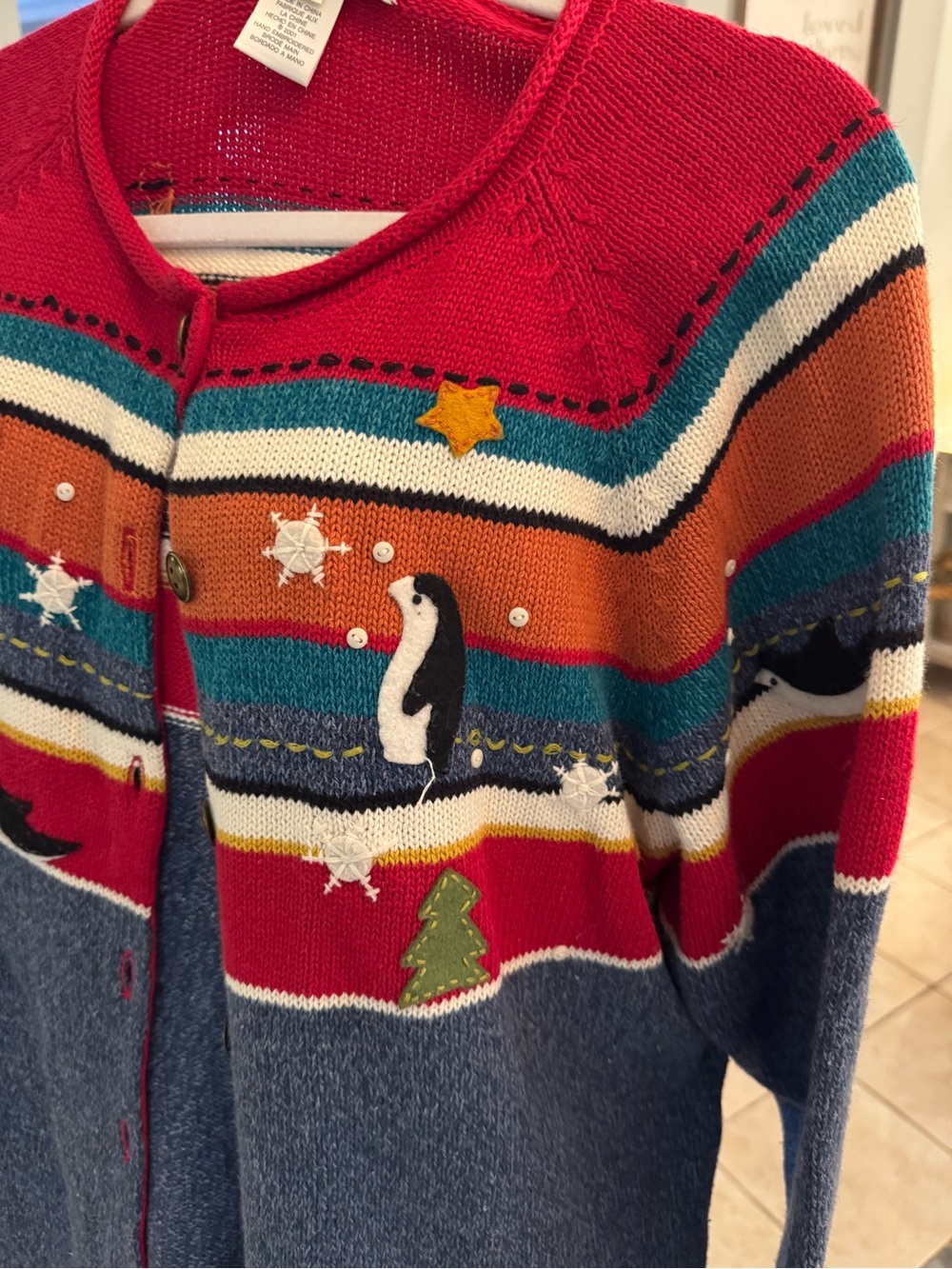 Susan Bristol XL Christmas Cardigan Embroidered Penguins Trees Sweater - Picture 2 of 6